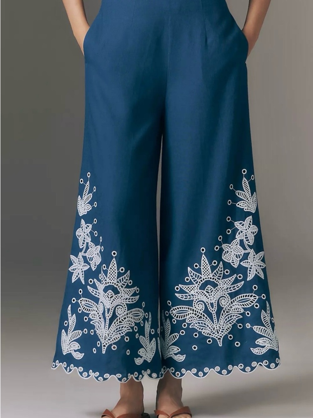 FARM Rio x Anthropologie Blue Embroidered Wide-Leg Pants Size Medium NWT - Picture 3 of 15